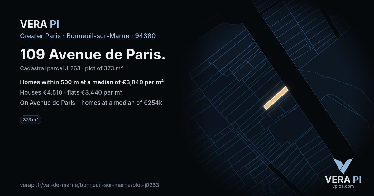 109 Avenue de Paris, Bonneuil-sur-Marne at night – the plot lit, the parcels around coloured by the prices near them