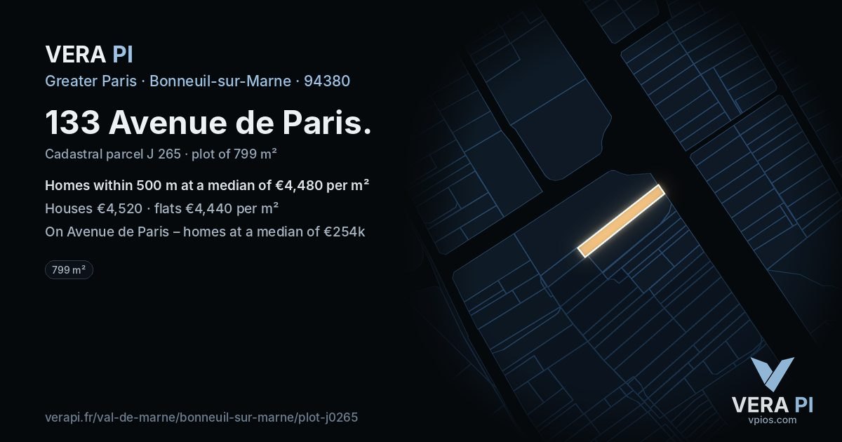 133 Avenue de Paris, Bonneuil-sur-Marne at night – the plot lit, the parcels around coloured by the prices near them