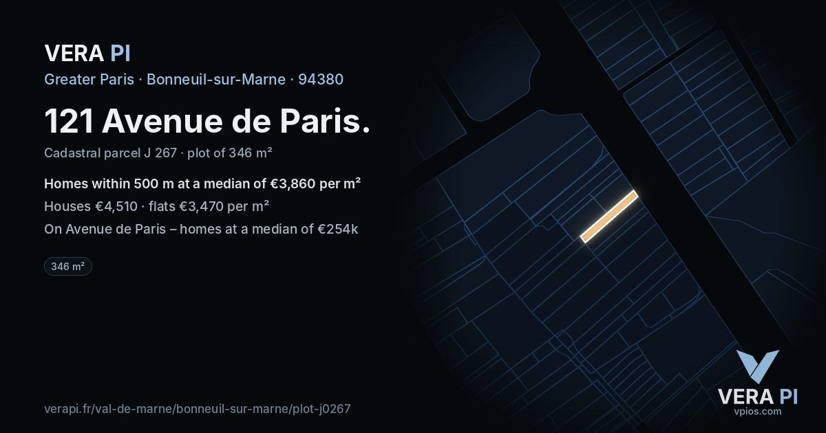 121 Avenue de Paris, Bonneuil-sur-Marne at night – the plot lit, the parcels around coloured by the prices near them