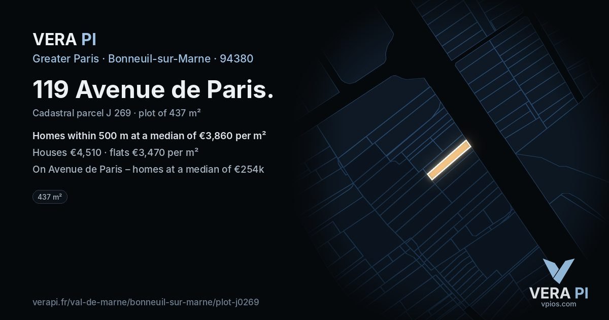 119 Avenue de Paris, Bonneuil-sur-Marne at night – the plot lit, the parcels around coloured by the prices near them
