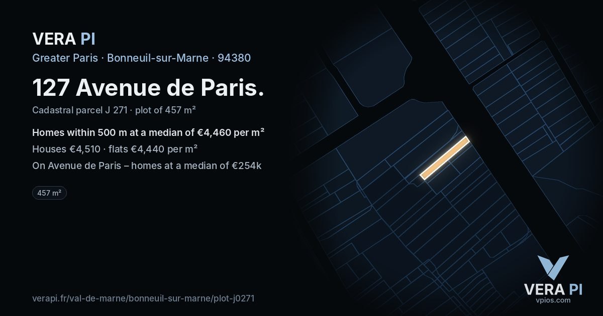 127 Avenue de Paris, Bonneuil-sur-Marne at night – the plot lit, the parcels around coloured by the prices near them