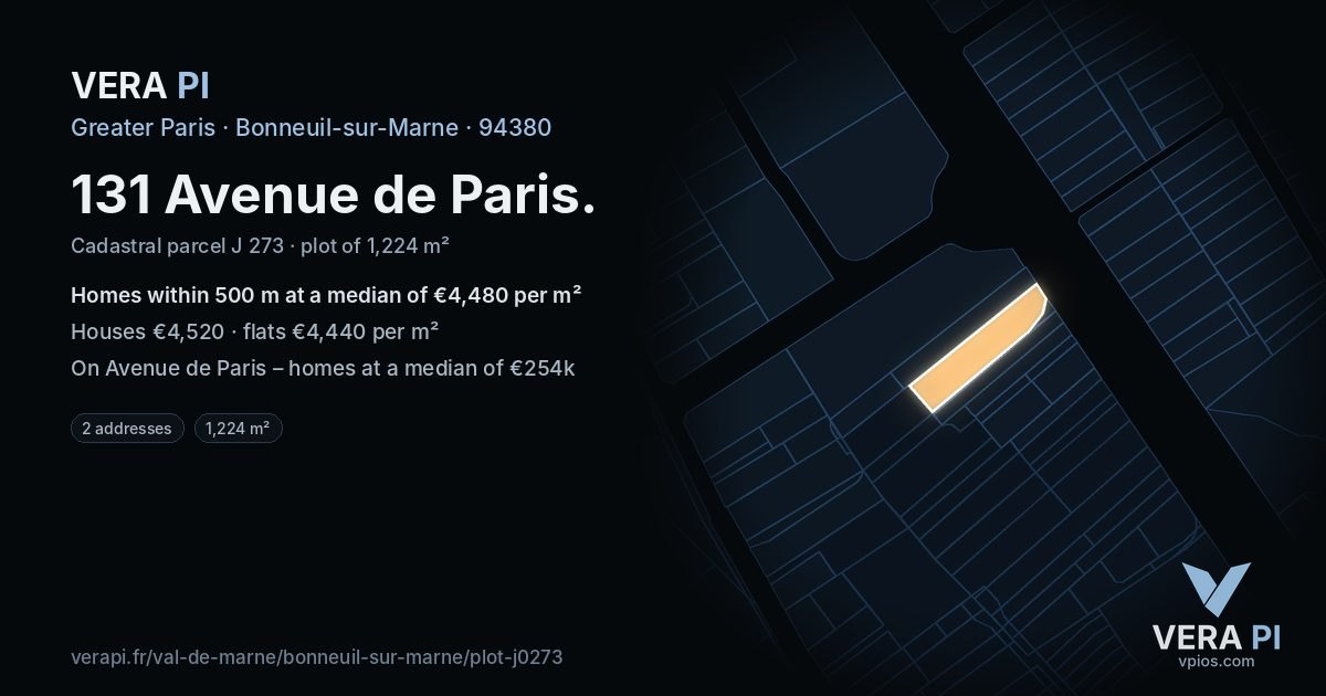 131 Avenue de Paris, Bonneuil-sur-Marne at night – the plot lit, the parcels around coloured by the prices near them