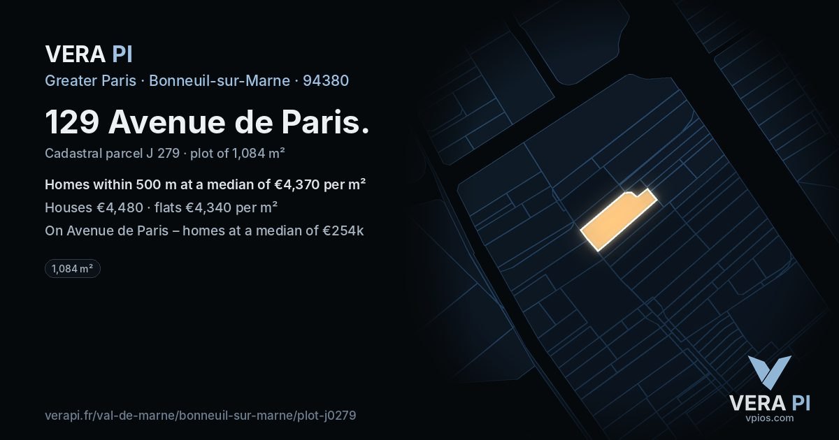 129 Avenue de Paris, Bonneuil-sur-Marne at night – the plot lit, the parcels around coloured by the prices near them