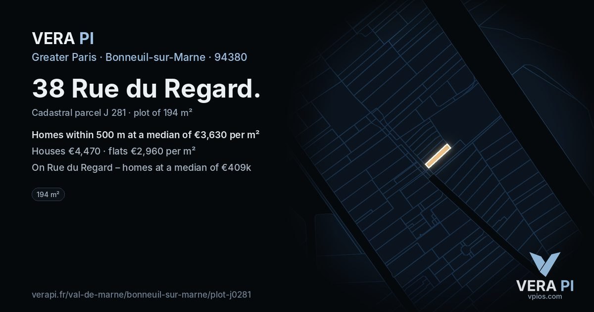 38 Rue du Regard, Bonneuil-sur-Marne at night – the plot lit, the parcels around coloured by the prices near them