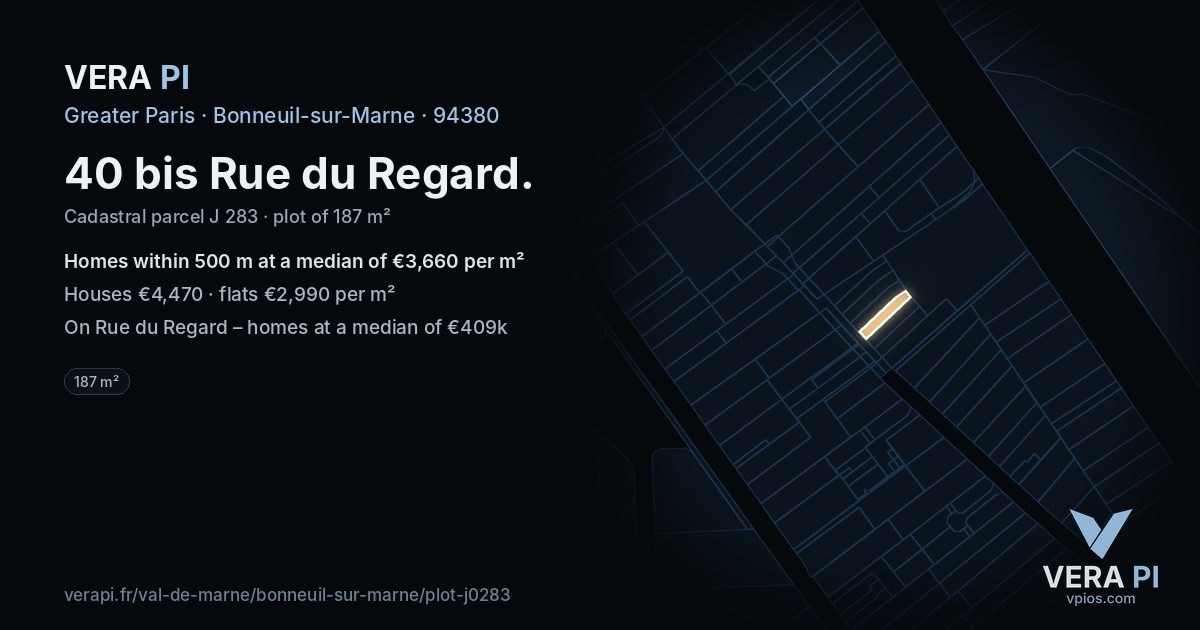 40 bis Rue du Regard, Bonneuil-sur-Marne at night – the plot lit, the parcels around coloured by the prices near them