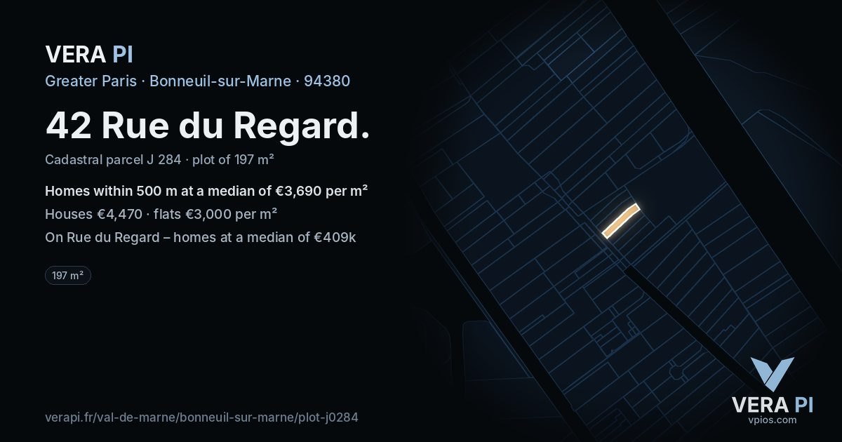 42 Rue du Regard, Bonneuil-sur-Marne at night – the plot lit, the parcels around coloured by the prices near them