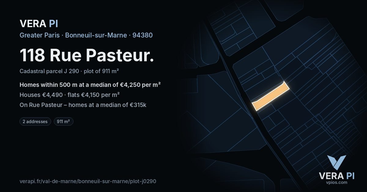 118 Rue Pasteur, Bonneuil-sur-Marne at night – the plot lit, the parcels around coloured by the prices near them