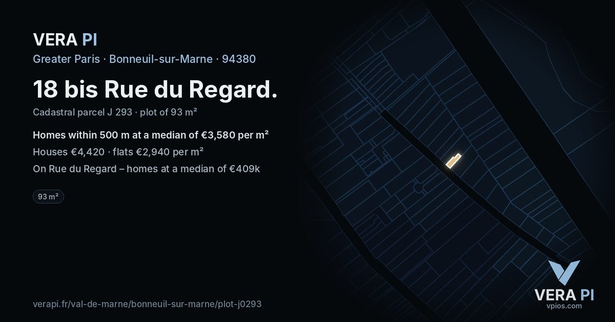 18 bis Rue du Regard, Bonneuil-sur-Marne at night – the plot lit, the parcels around coloured by the prices near them