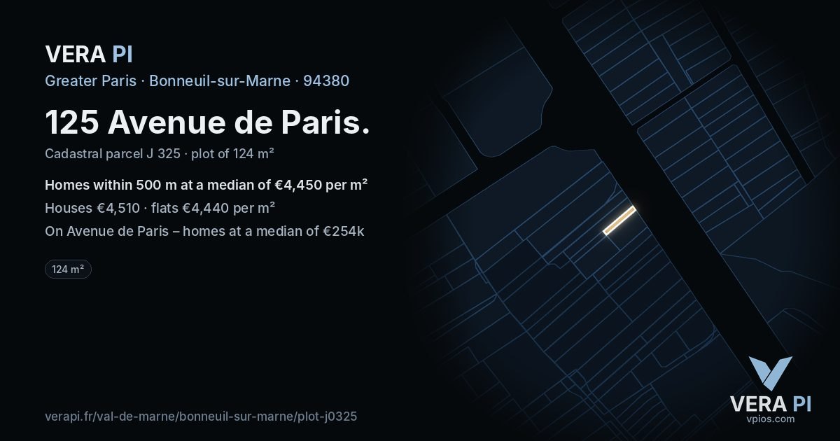 125 Avenue de Paris, Bonneuil-sur-Marne at night – the plot lit, the parcels around coloured by the prices near them