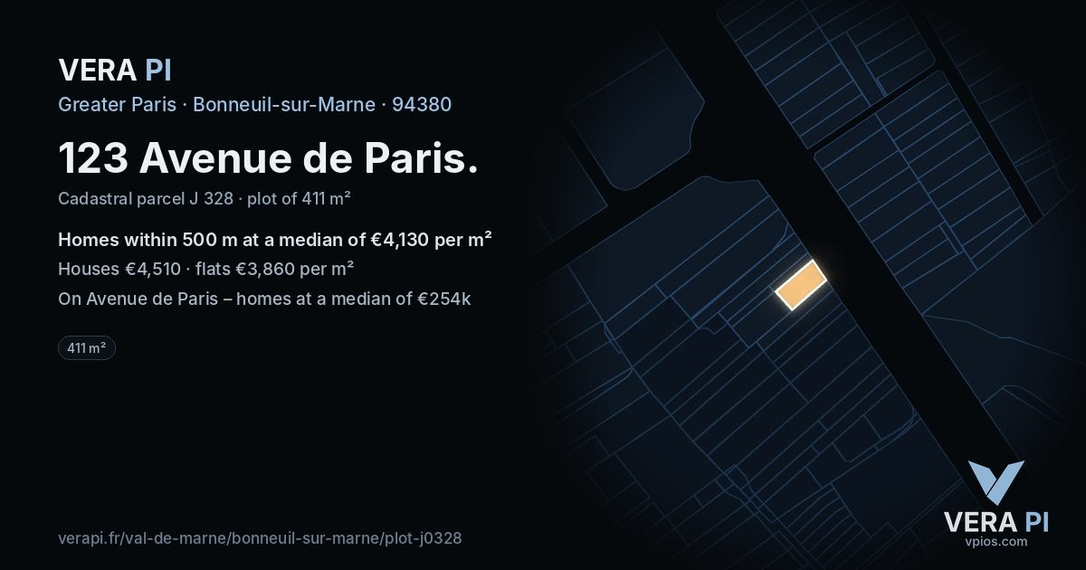 123 Avenue de Paris, Bonneuil-sur-Marne at night – the plot lit, the parcels around coloured by the prices near them