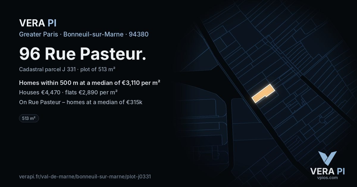 96 Rue Pasteur, Bonneuil-sur-Marne at night – the plot lit, the parcels around coloured by the prices near them