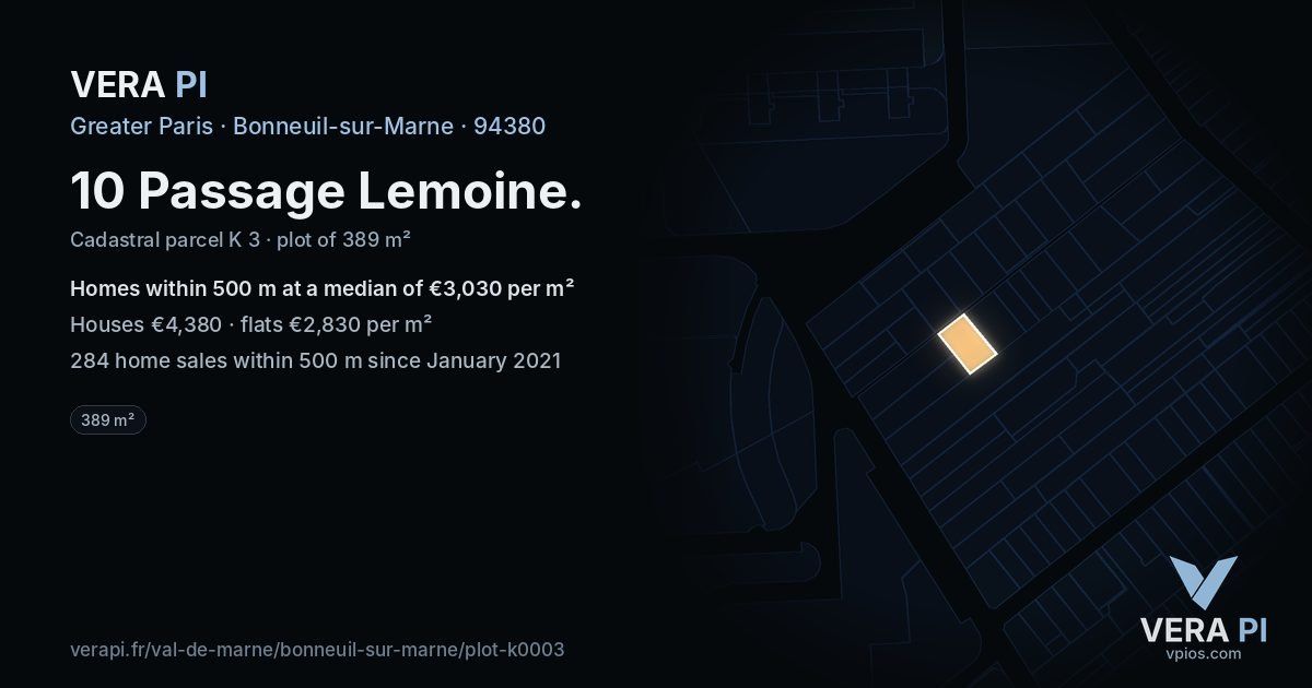 10 Passage Lemoine, Bonneuil-sur-Marne at night – the plot lit, the parcels around coloured by the prices near them