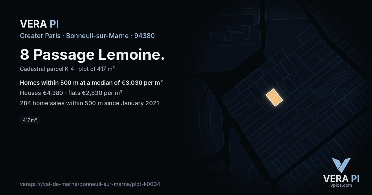 8 Passage Lemoine, Bonneuil-sur-Marne at night – the plot lit, the parcels around coloured by the prices near them