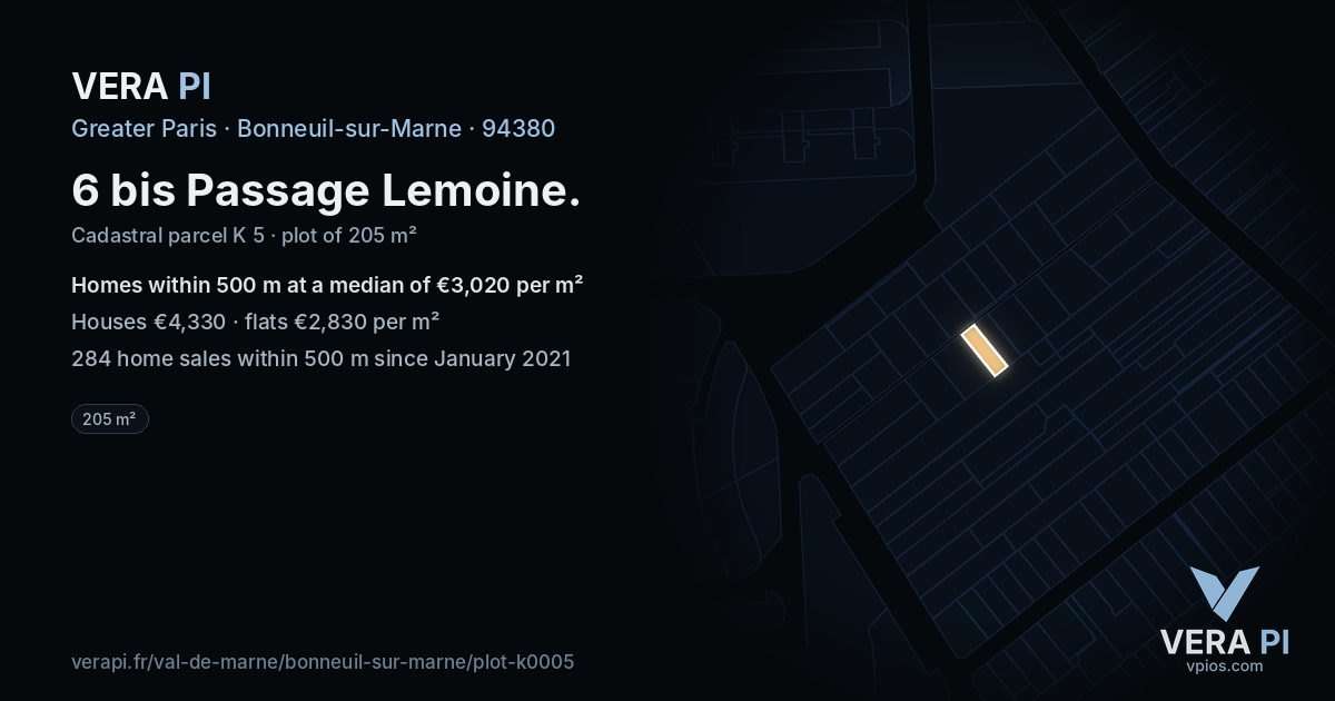 6 bis Passage Lemoine, Bonneuil-sur-Marne at night – the plot lit, the parcels around coloured by the prices near them