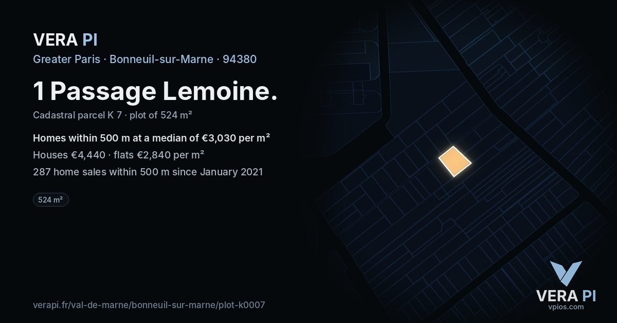 1 Passage Lemoine, Bonneuil-sur-Marne at night – the plot lit, the parcels around coloured by the prices near them
