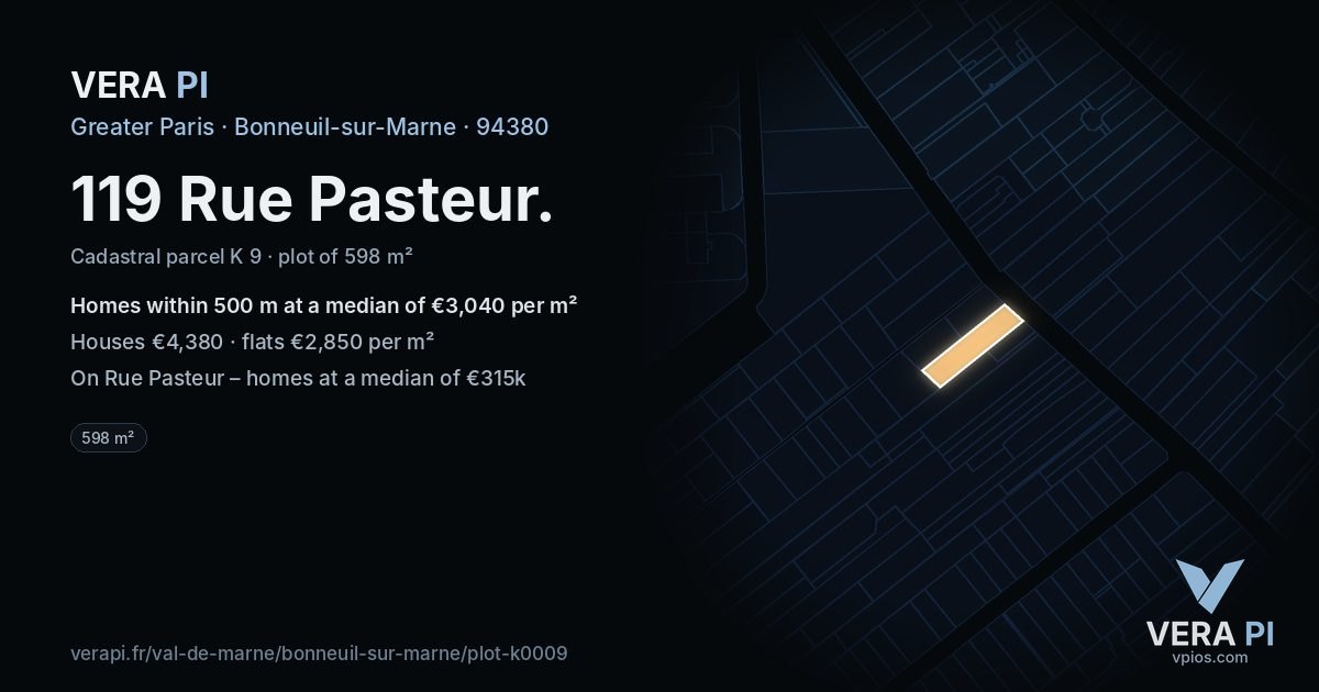 119 Rue Pasteur, Bonneuil-sur-Marne at night – the plot lit, the parcels around coloured by the prices near them