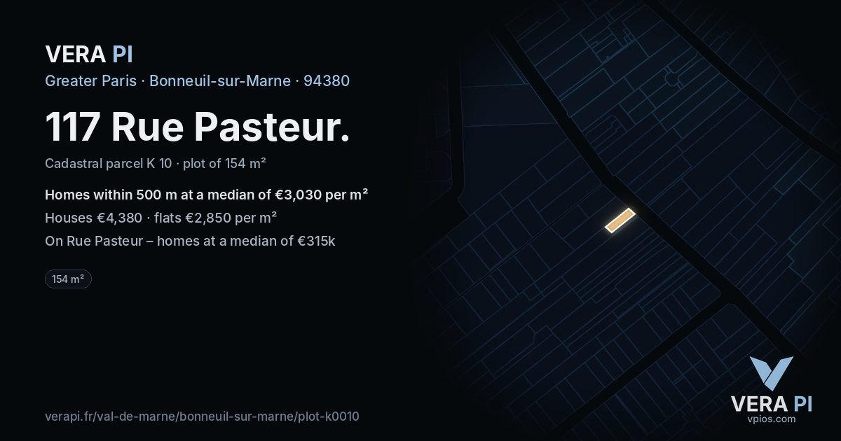 117 Rue Pasteur, Bonneuil-sur-Marne at night – the plot lit, the parcels around coloured by the prices near them