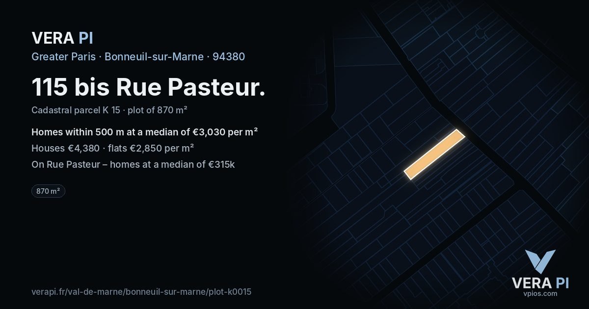 115 bis Rue Pasteur, Bonneuil-sur-Marne at night – the plot lit, the parcels around coloured by the prices near them