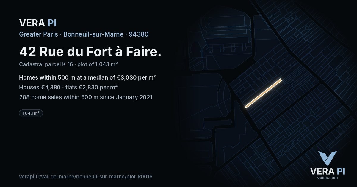 42 Rue du Fort à Faire, Bonneuil-sur-Marne at night – the plot lit, the parcels around coloured by the prices near them