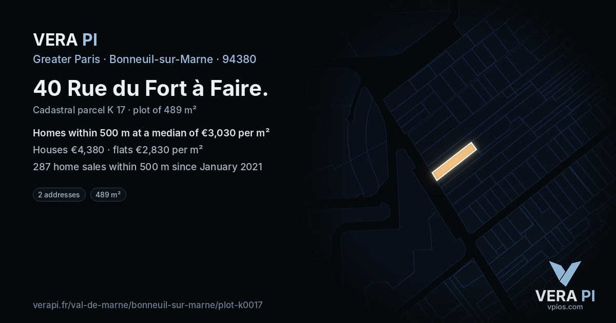40 Rue du Fort à Faire, Bonneuil-sur-Marne at night – the plot lit, the parcels around coloured by the prices near them