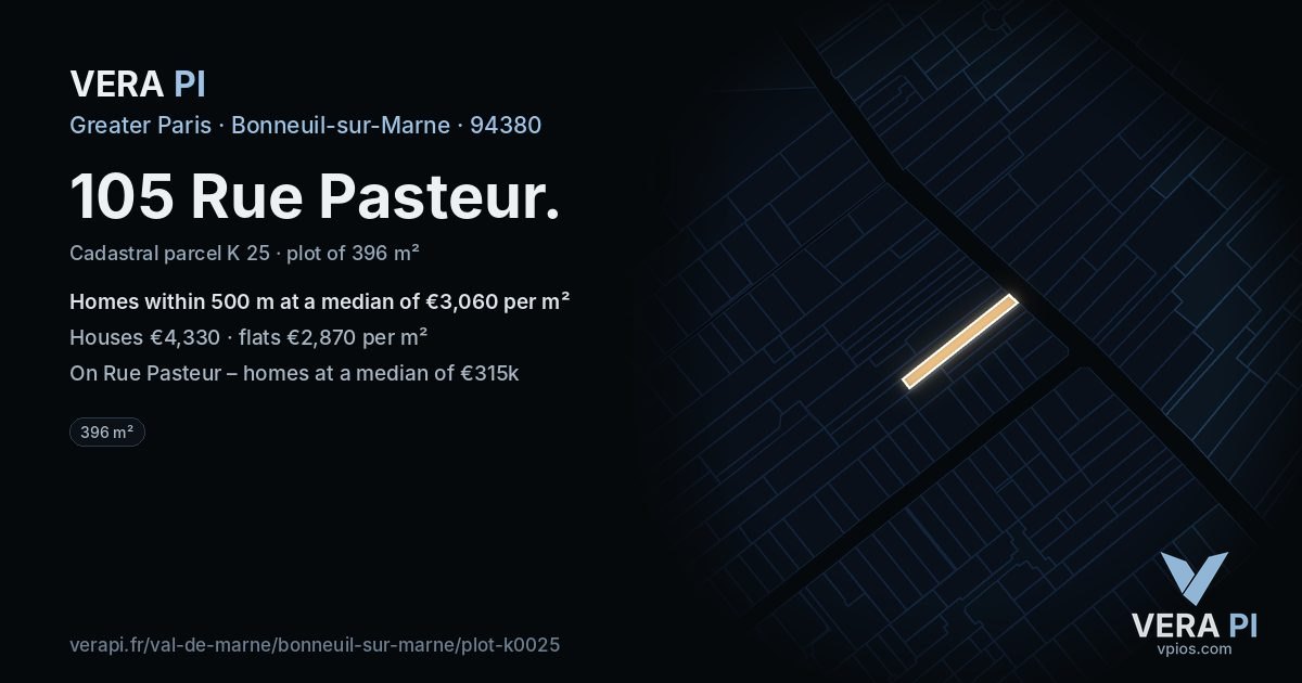 105 Rue Pasteur, Bonneuil-sur-Marne at night – the plot lit, the parcels around coloured by the prices near them