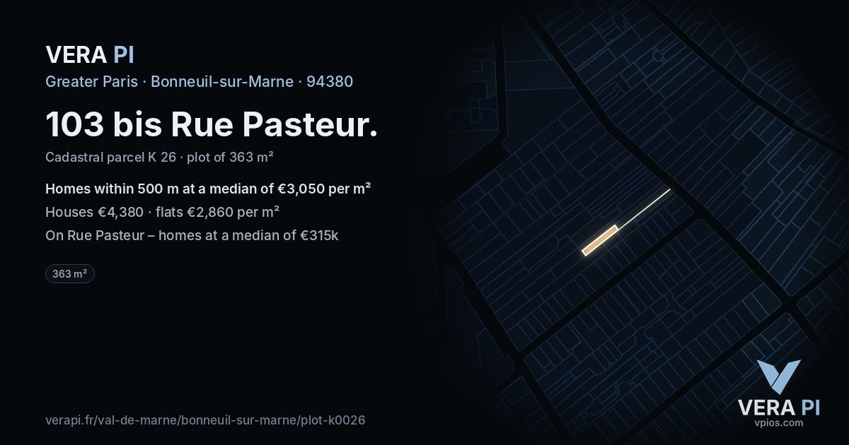 103 bis Rue Pasteur, Bonneuil-sur-Marne at night – the plot lit, the parcels around coloured by the prices near them