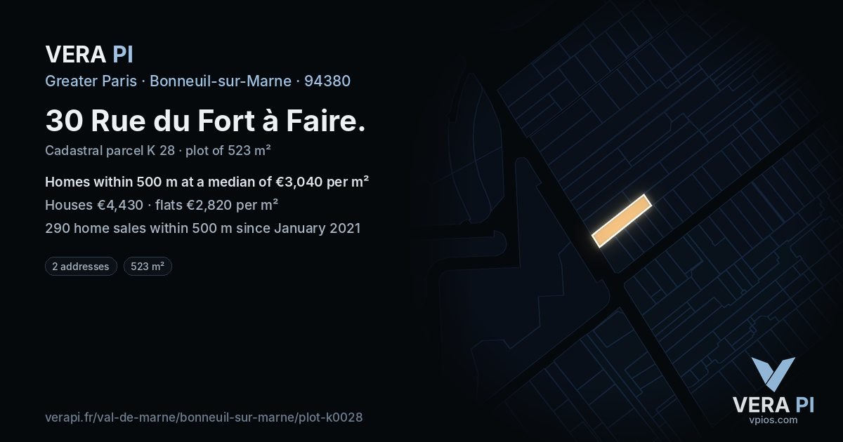 30 Rue du Fort à Faire, Bonneuil-sur-Marne at night – the plot lit, the parcels around coloured by the prices near them