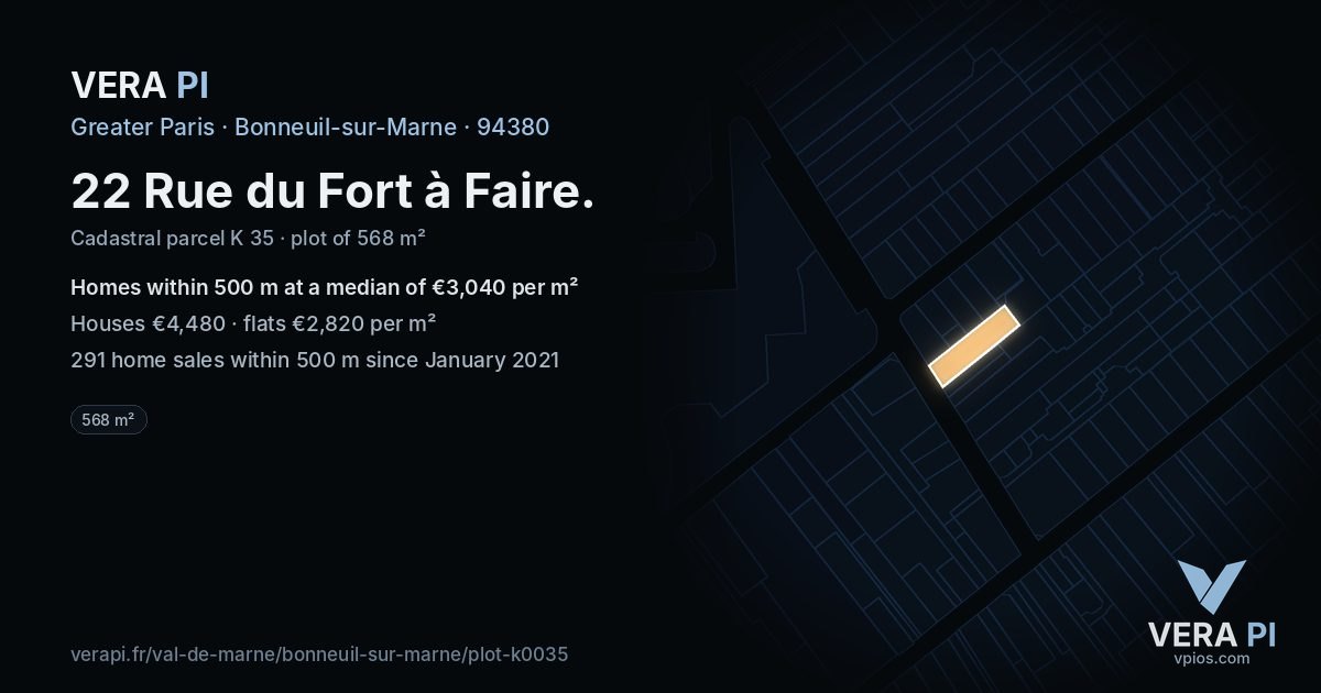 22 Rue du Fort à Faire, Bonneuil-sur-Marne at night – the plot lit, the parcels around coloured by the prices near them