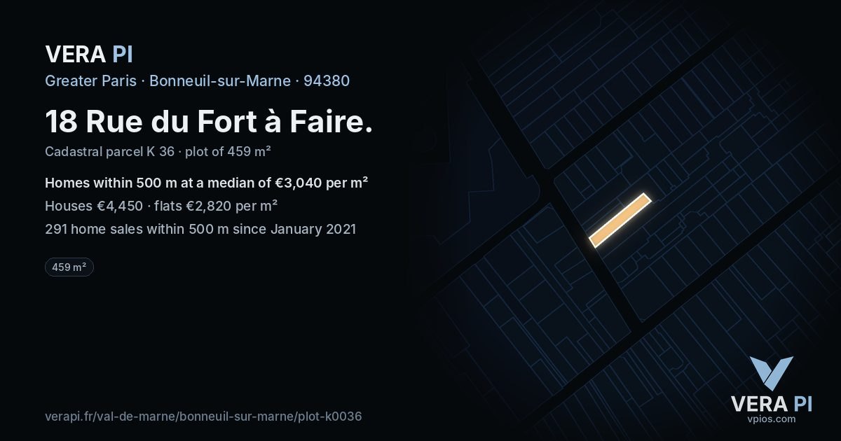 18 Rue du Fort à Faire, Bonneuil-sur-Marne at night – the plot lit, the parcels around coloured by the prices near them