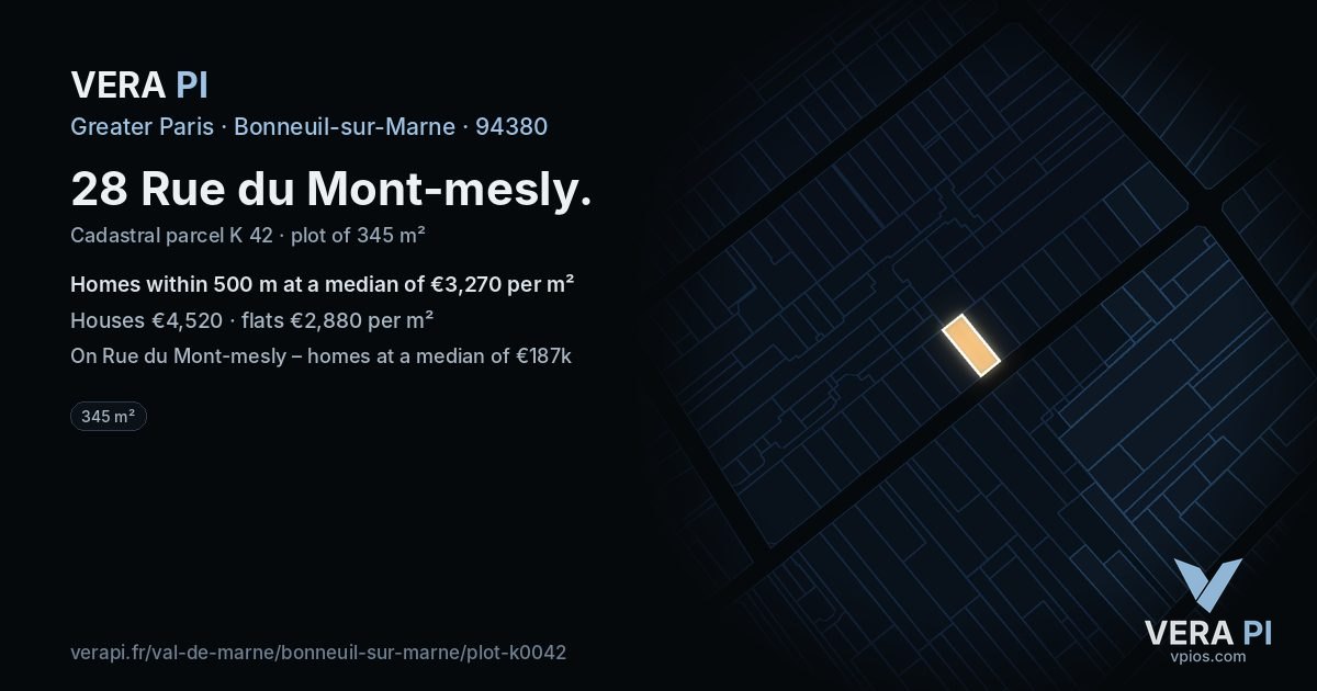 28 Rue du Mont-mesly, Bonneuil-sur-Marne at night – the plot lit, the parcels around coloured by the prices near them