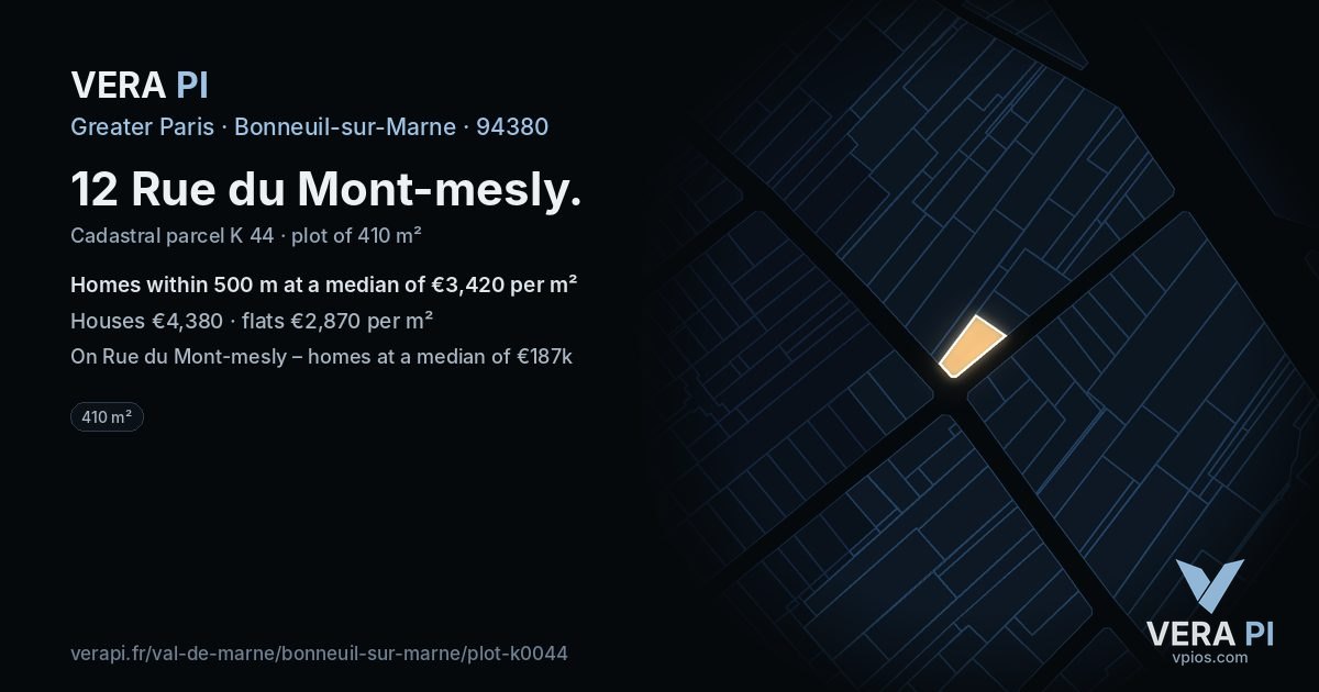 12 Rue du Mont-mesly, Bonneuil-sur-Marne at night – the plot lit, the parcels around coloured by the prices near them
