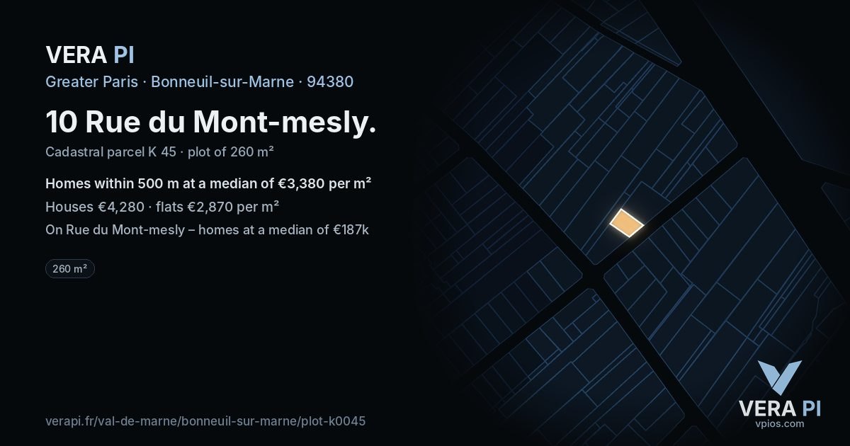 10 Rue du Mont-mesly, Bonneuil-sur-Marne at night – the plot lit, the parcels around coloured by the prices near them