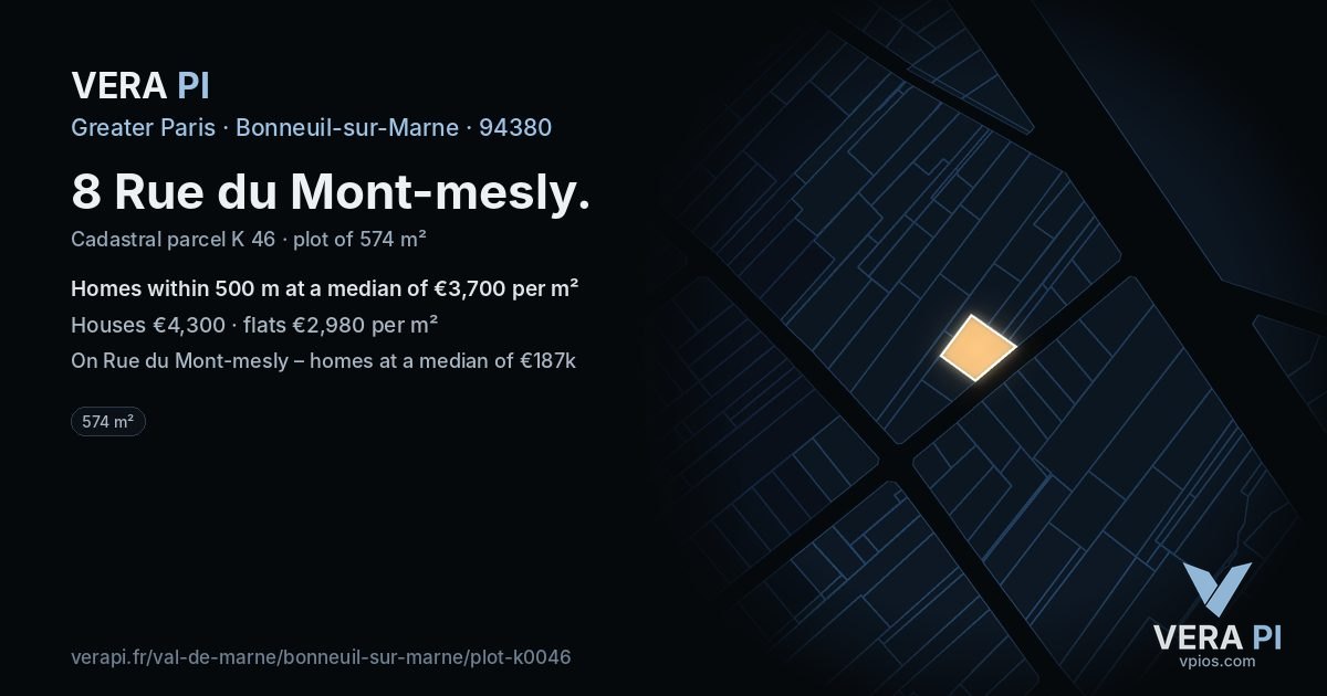 8 Rue du Mont-mesly, Bonneuil-sur-Marne at night – the plot lit, the parcels around coloured by the prices near them