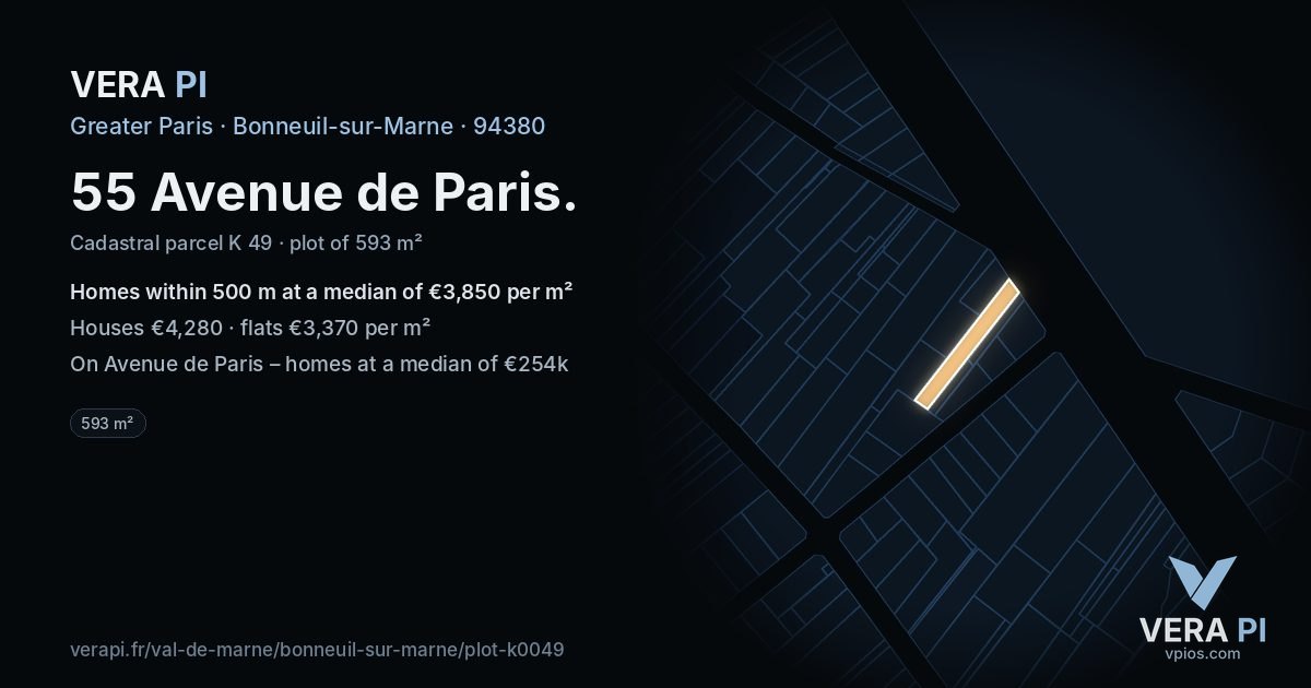 55 Avenue de Paris, Bonneuil-sur-Marne at night – the plot lit, the parcels around coloured by the prices near them