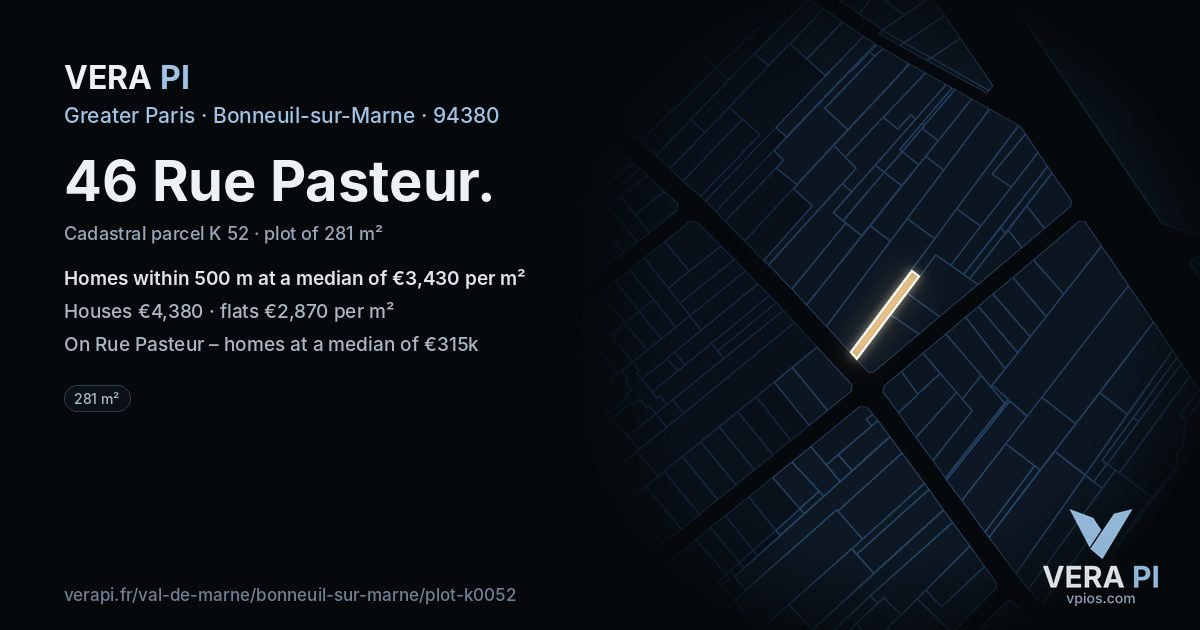 46 Rue Pasteur, Bonneuil-sur-Marne at night – the plot lit, the parcels around coloured by the prices near them