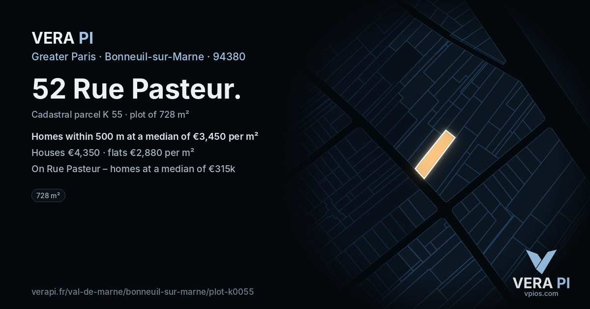 52 Rue Pasteur, Bonneuil-sur-Marne at night – the plot lit, the parcels around coloured by the prices near them