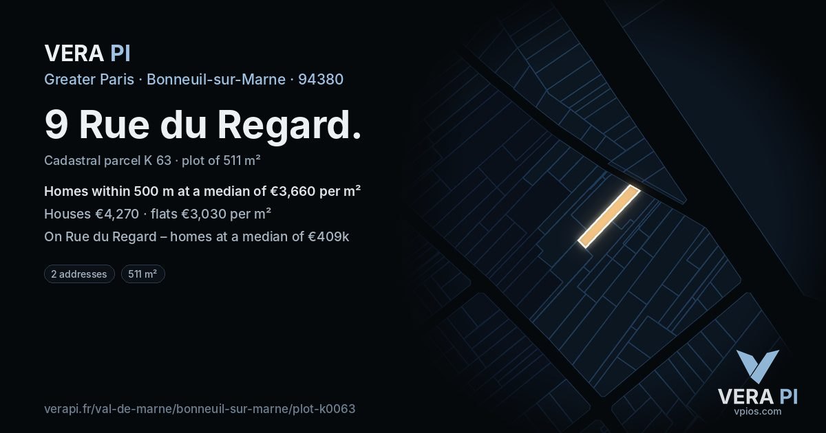 9 Rue du Regard, Bonneuil-sur-Marne at night – the plot lit, the parcels around coloured by the prices near them
