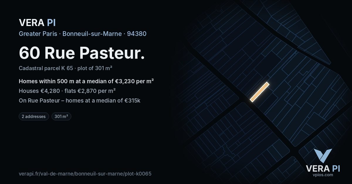 60 Rue Pasteur, Bonneuil-sur-Marne at night – the plot lit, the parcels around coloured by the prices near them