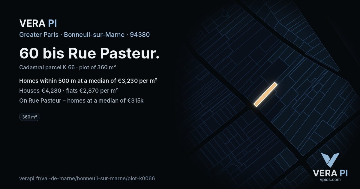 60 bis Rue Pasteur, Bonneuil-sur-Marne at night – the plot lit, the parcels around coloured by the prices near them