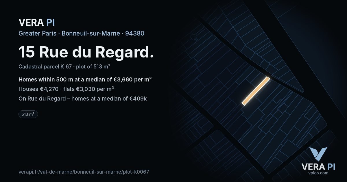 15 Rue du Regard, Bonneuil-sur-Marne at night – the plot lit, the parcels around coloured by the prices near them