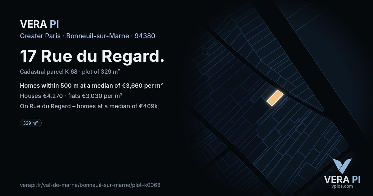 17 Rue du Regard, Bonneuil-sur-Marne at night – the plot lit, the parcels around coloured by the prices near them