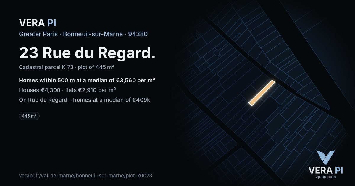 23 Rue du Regard, Bonneuil-sur-Marne at night – the plot lit, the parcels around coloured by the prices near them