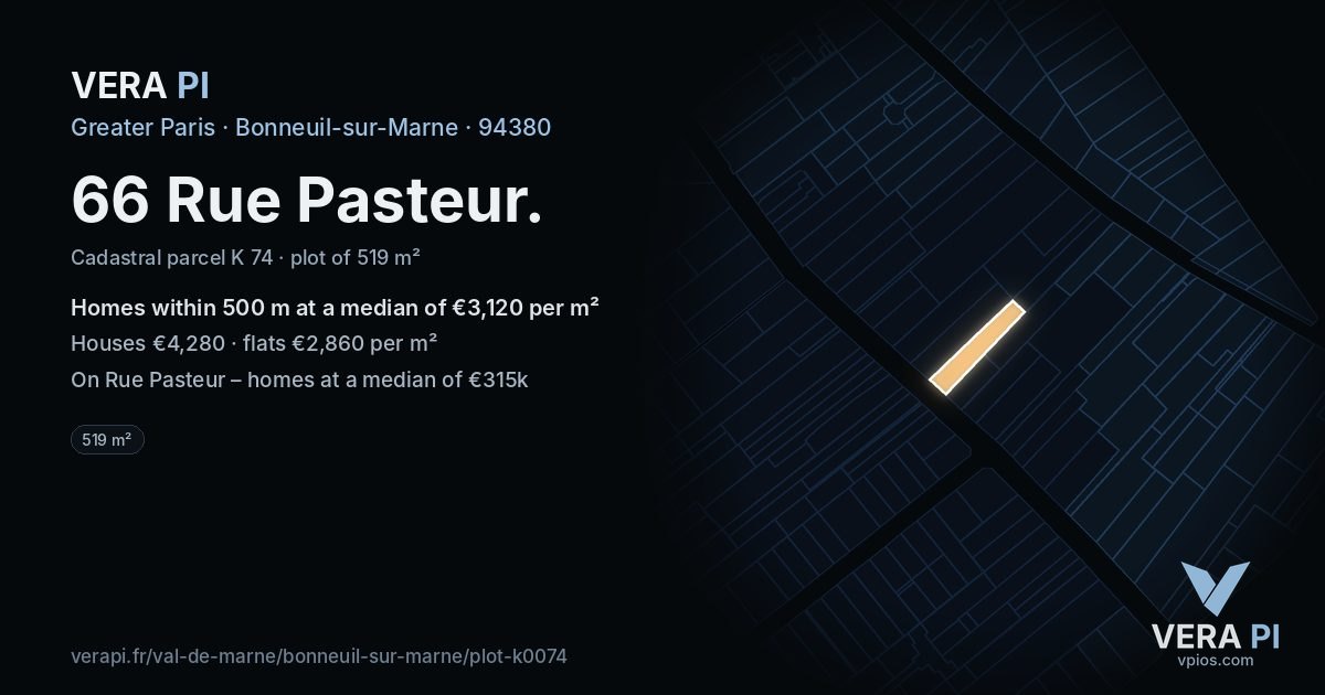 66 Rue Pasteur, Bonneuil-sur-Marne at night – the plot lit, the parcels around coloured by the prices near them