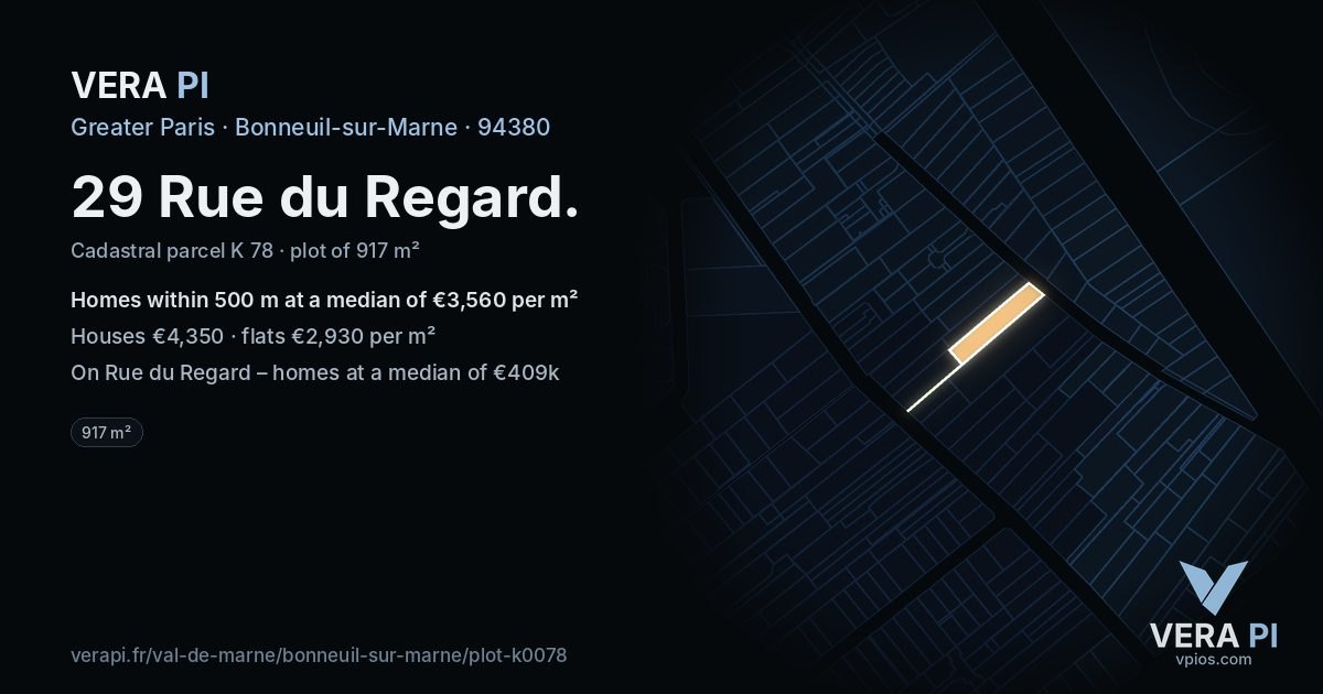 29 Rue du Regard, Bonneuil-sur-Marne at night – the plot lit, the parcels around coloured by the prices near them