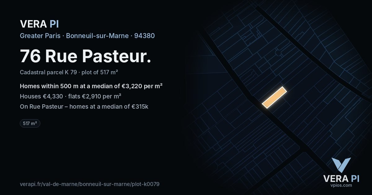 76 Rue Pasteur, Bonneuil-sur-Marne at night – the plot lit, the parcels around coloured by the prices near them