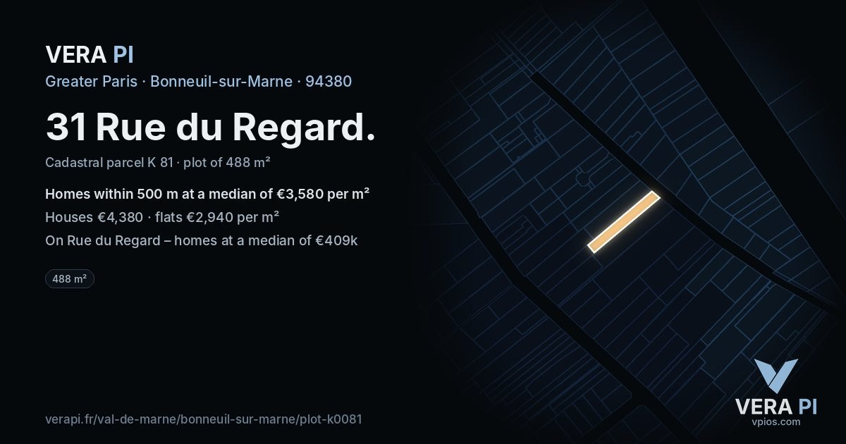 31 Rue du Regard, Bonneuil-sur-Marne at night – the plot lit, the parcels around coloured by the prices near them