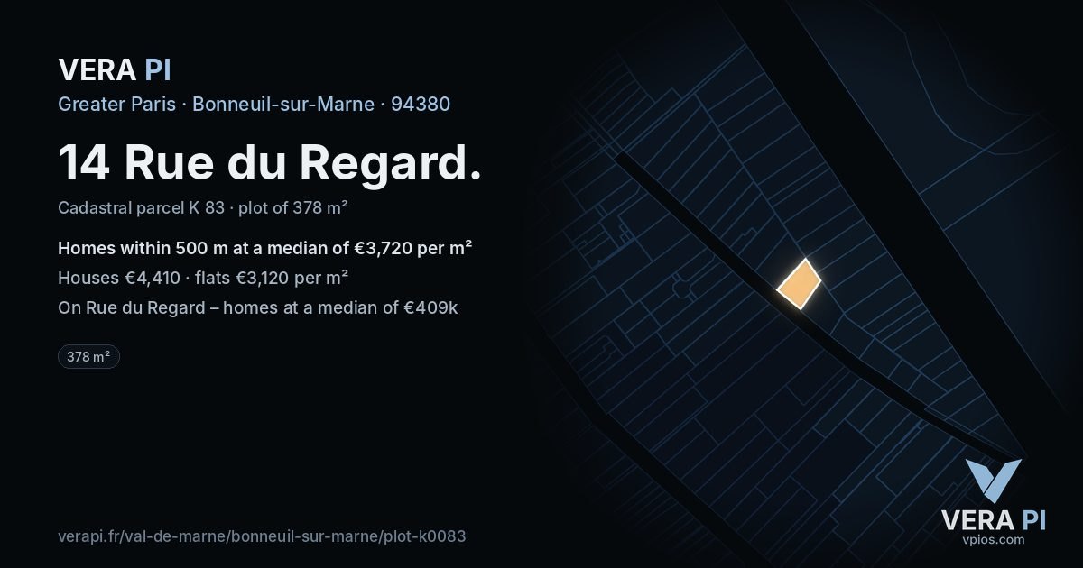 14 Rue du Regard, Bonneuil-sur-Marne at night – the plot lit, the parcels around coloured by the prices near them