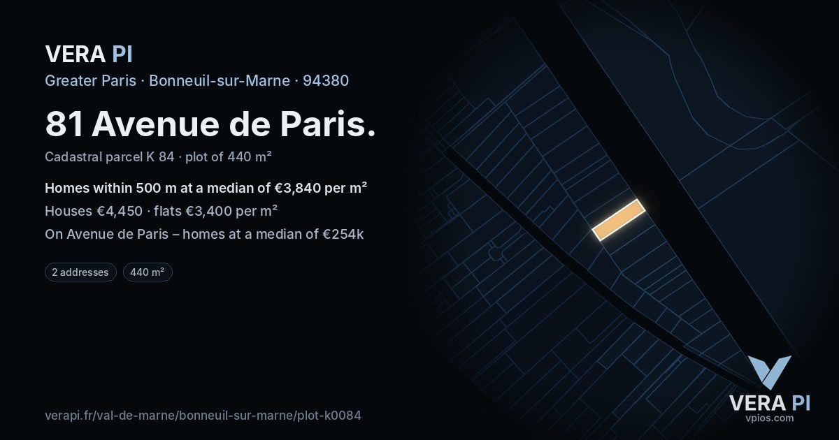 81 Avenue de Paris, Bonneuil-sur-Marne at night – the plot lit, the parcels around coloured by the prices near them
