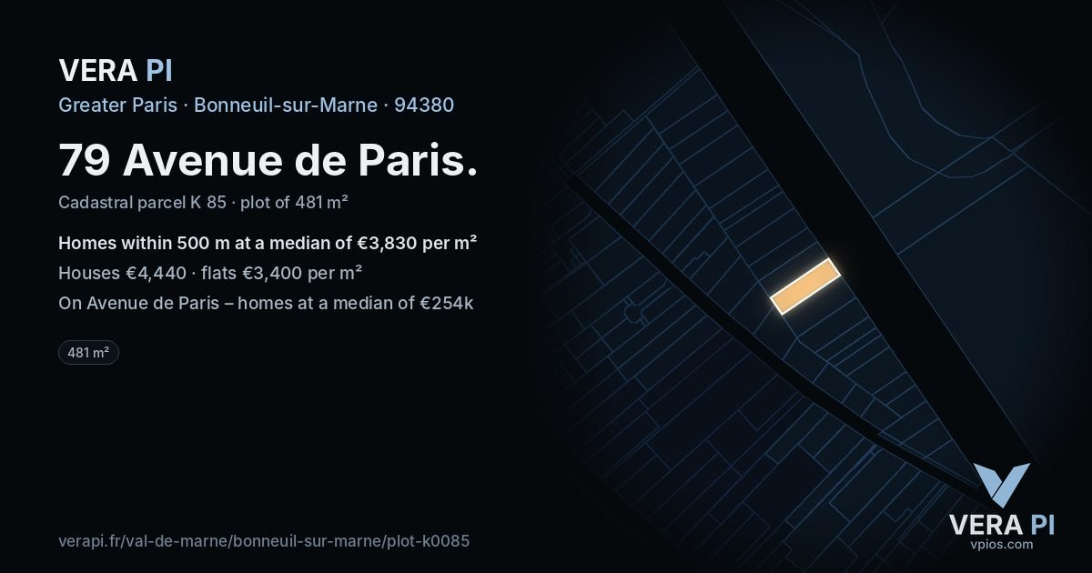 79 Avenue de Paris, Bonneuil-sur-Marne at night – the plot lit, the parcels around coloured by the prices near them