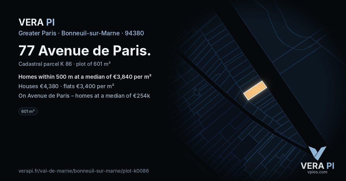 77 Avenue de Paris, Bonneuil-sur-Marne at night – the plot lit, the parcels around coloured by the prices near them
